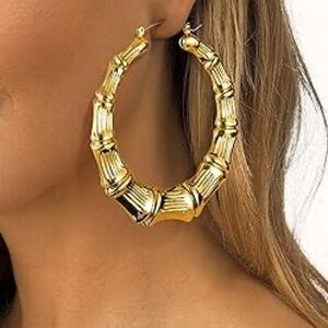 Gold Bamboo XL large  princess Hoop Earrings
